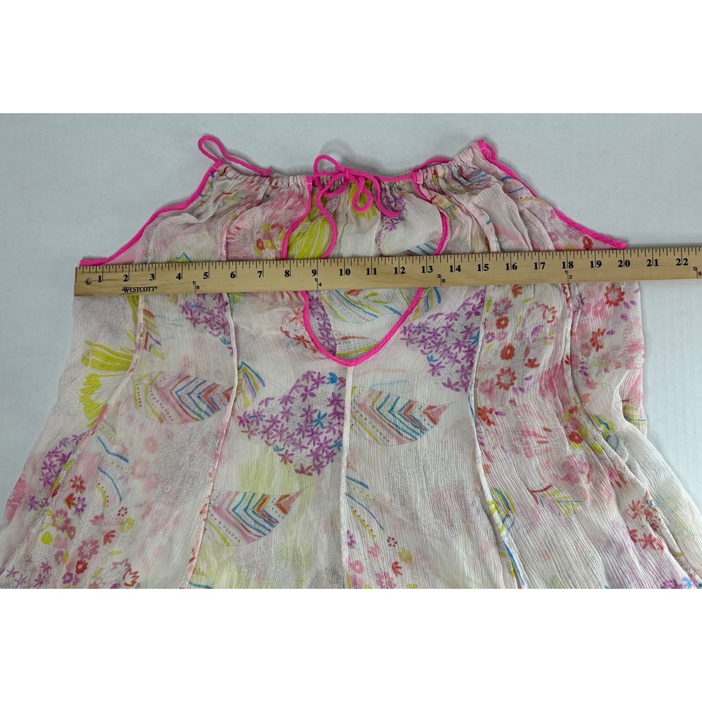 100% Silk Floral Camisole Tank Top Pink Piping Keyhole Tie Sheer Multi Color - Picture 5 of 11